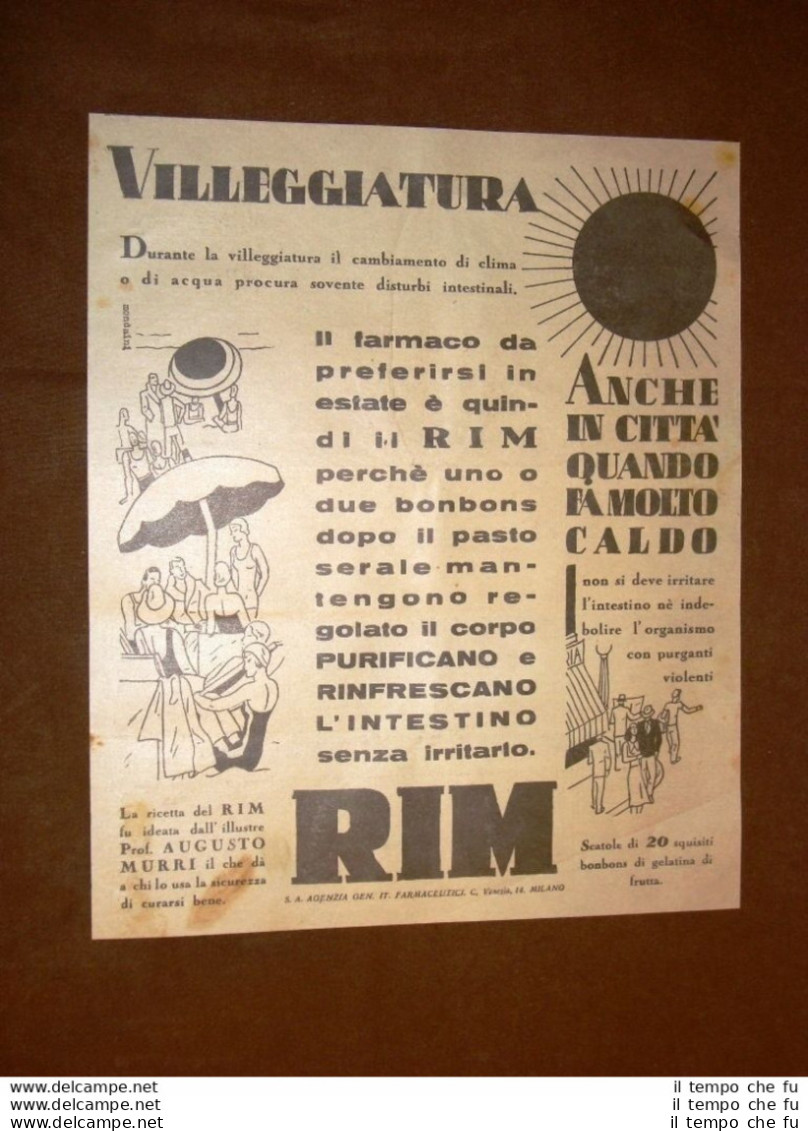 Pubblicità Del 1931 RIM Per Regolare L'intestino Ricetta Del Prof. Augusto Murri - Autres & Non Classés