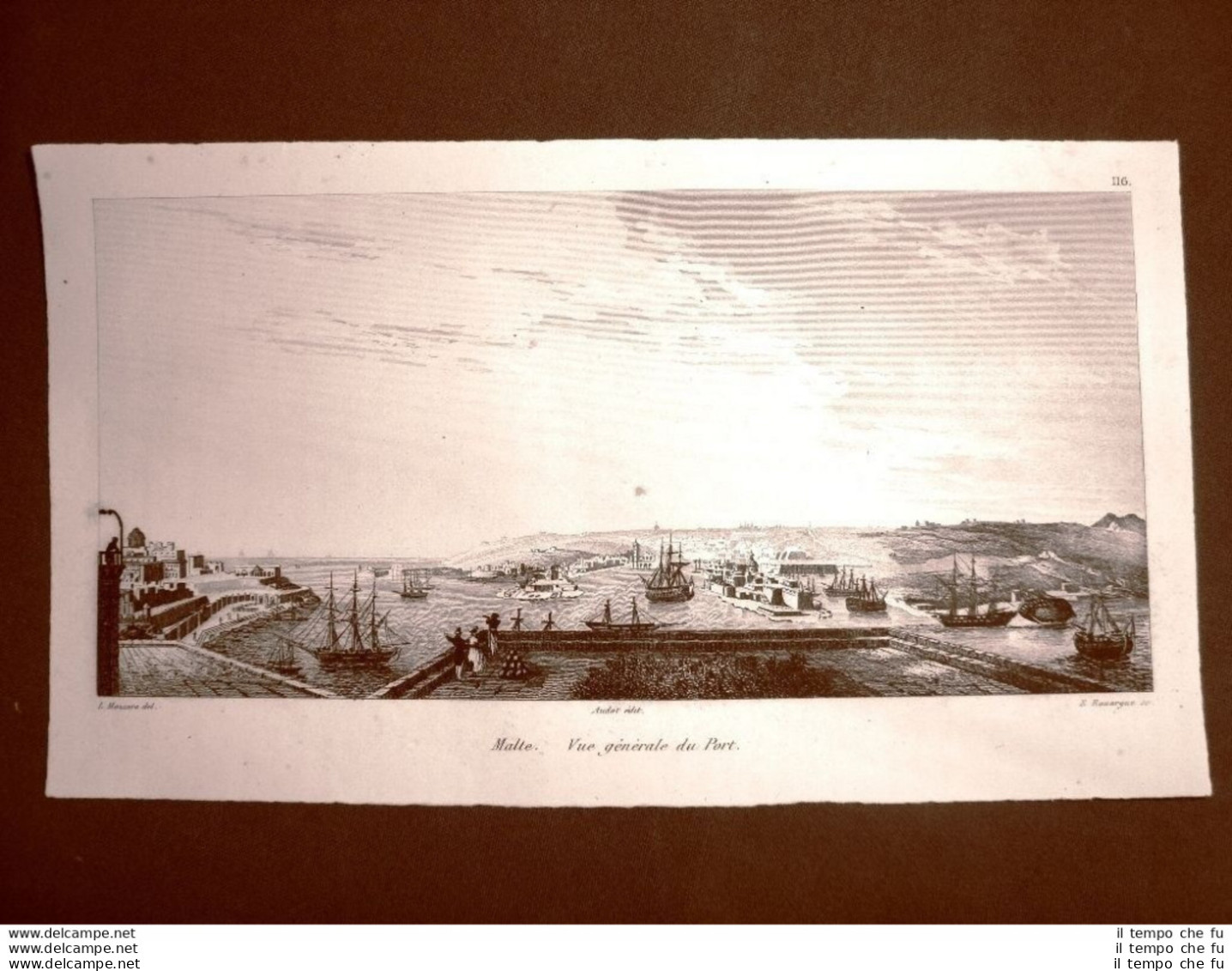 Malta Veduta Generale Del Porto Incisione All'acquaforte Del 1837 Audot Pomba - Avant 1900