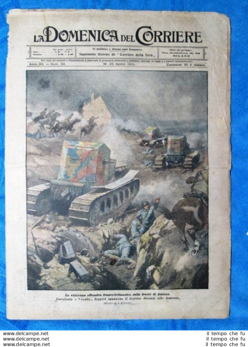 La Domenica Del Corriere 25 Agosto 1918 WW1 Amiens - Sommergibile - M.del Grappa - Sonstige & Ohne Zuordnung