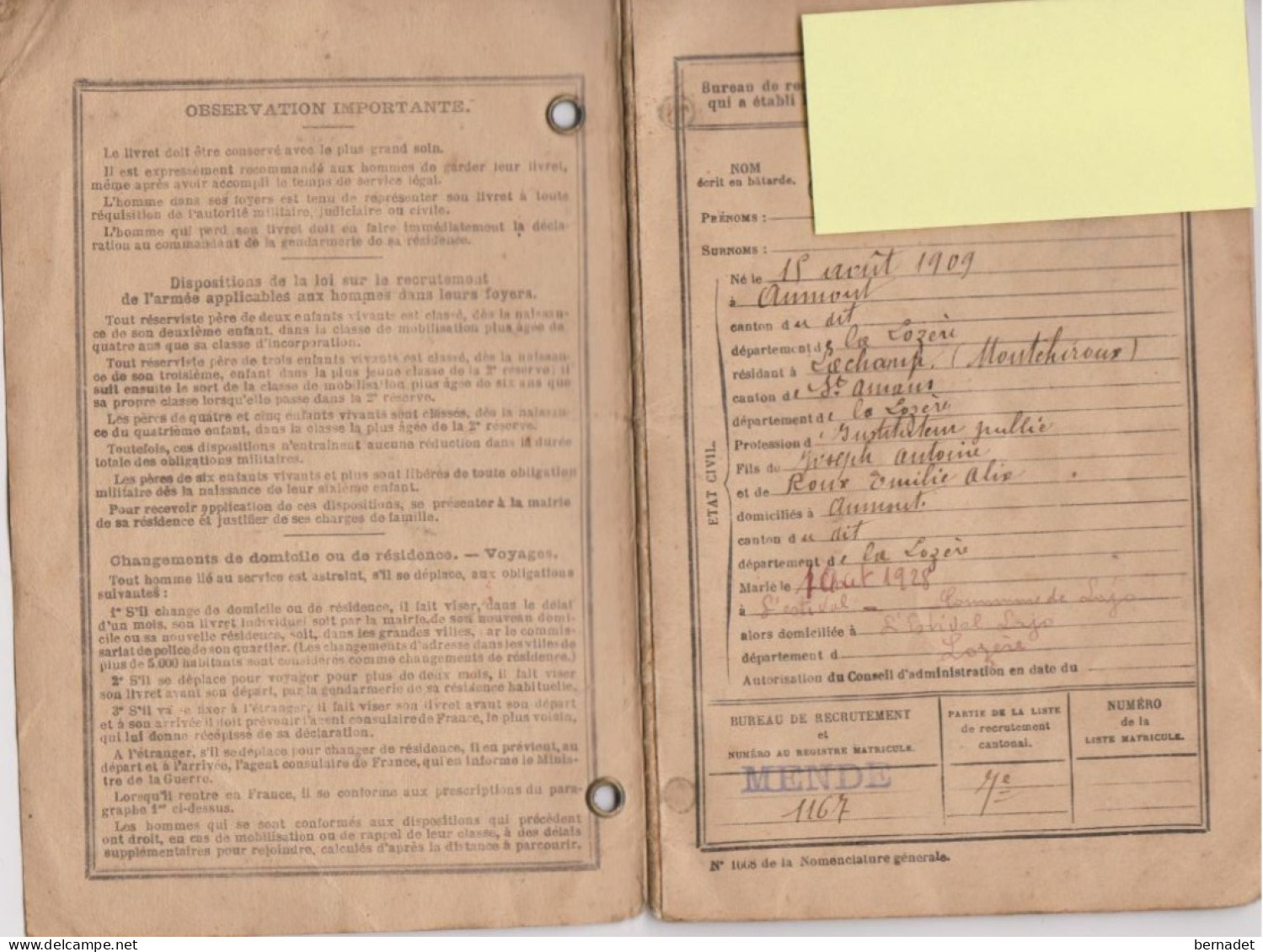 MINISTERE DE LA GUERRE LIVRET INDIVIDUEL 1929 . EXEMPTE CONSEIL DE REVISION DE LA LOZERE 1930 - Documentos