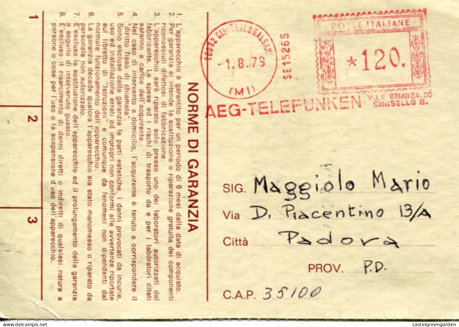 X0184 Italia, Red Meter Freistempel 1979 Cinisello Balsamo, AEG-TELEFUNKEN,  Card Circuled - Maschinenstempel (EMA)