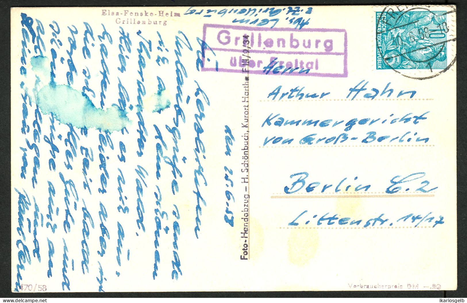 GRILLENBURG über FREITAL = Hartha Tharandt 1959 LANDPOSTSTEMPEL Blau 10Pf-Aufbau Ansichtskarte Elsa.Fenske-Heim - Briefe U. Dokumente