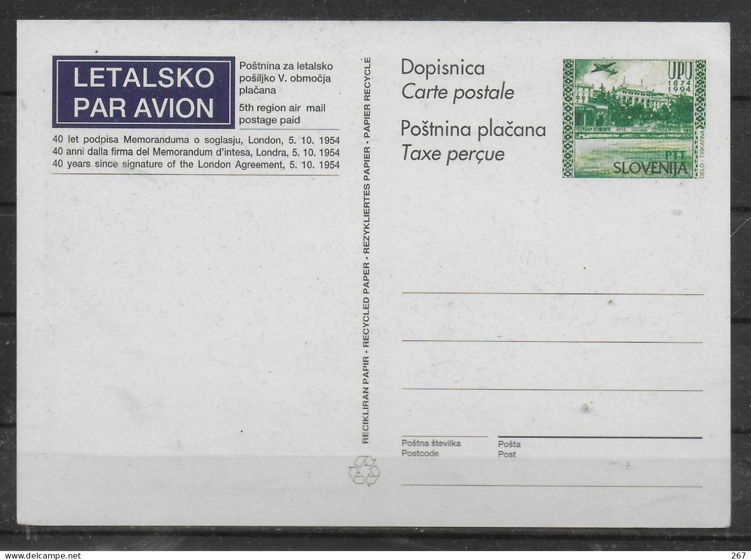 SLOVENIE Carte PAP  Avions - Airplanes