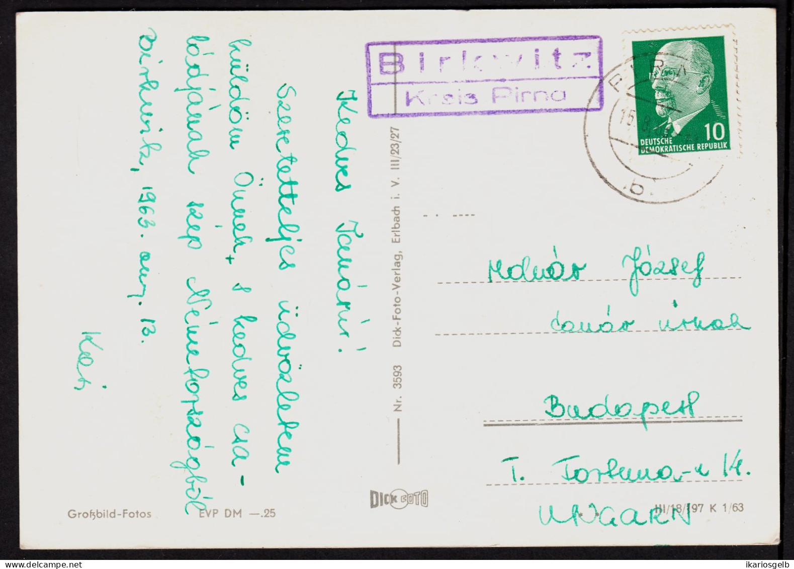 BIRKWITZ über PIRNA = B.-Pratschwitz 1962 LANDPOSTSTEMPEL Blau 10Pf-Ulbricht 5-get.Ansichtskarte Sächs.Schweiz> Budapest - Briefe U. Dokumente