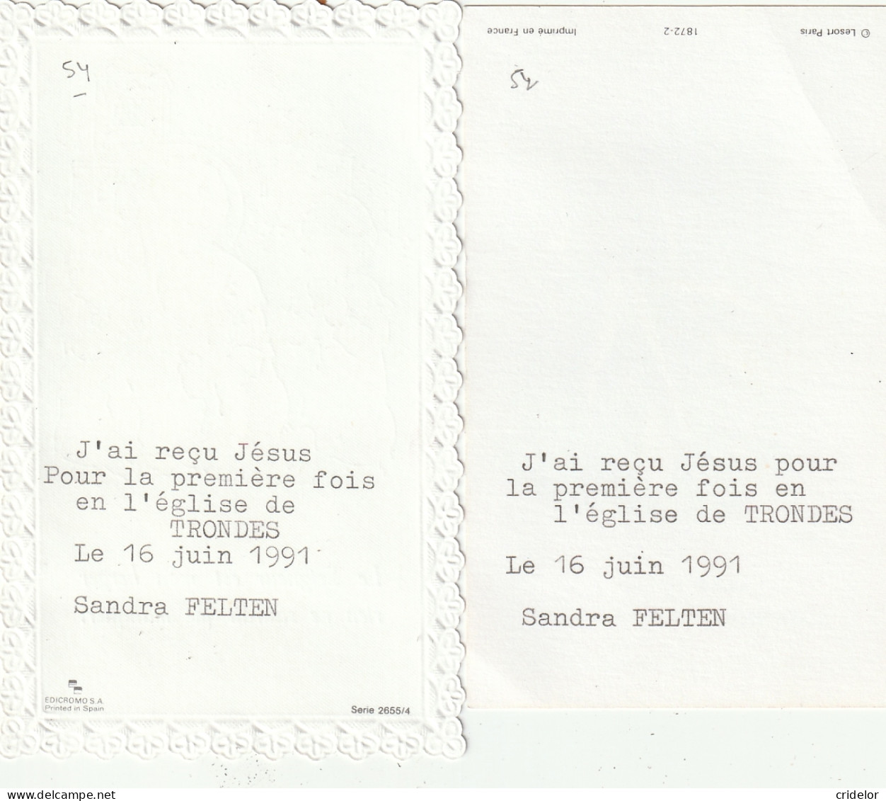 54 - TONDRES - 2 IMAGES PIEUSES DE LA PREMIERE COMMUNION - 2 DOCUMENTS - Other & Unclassified