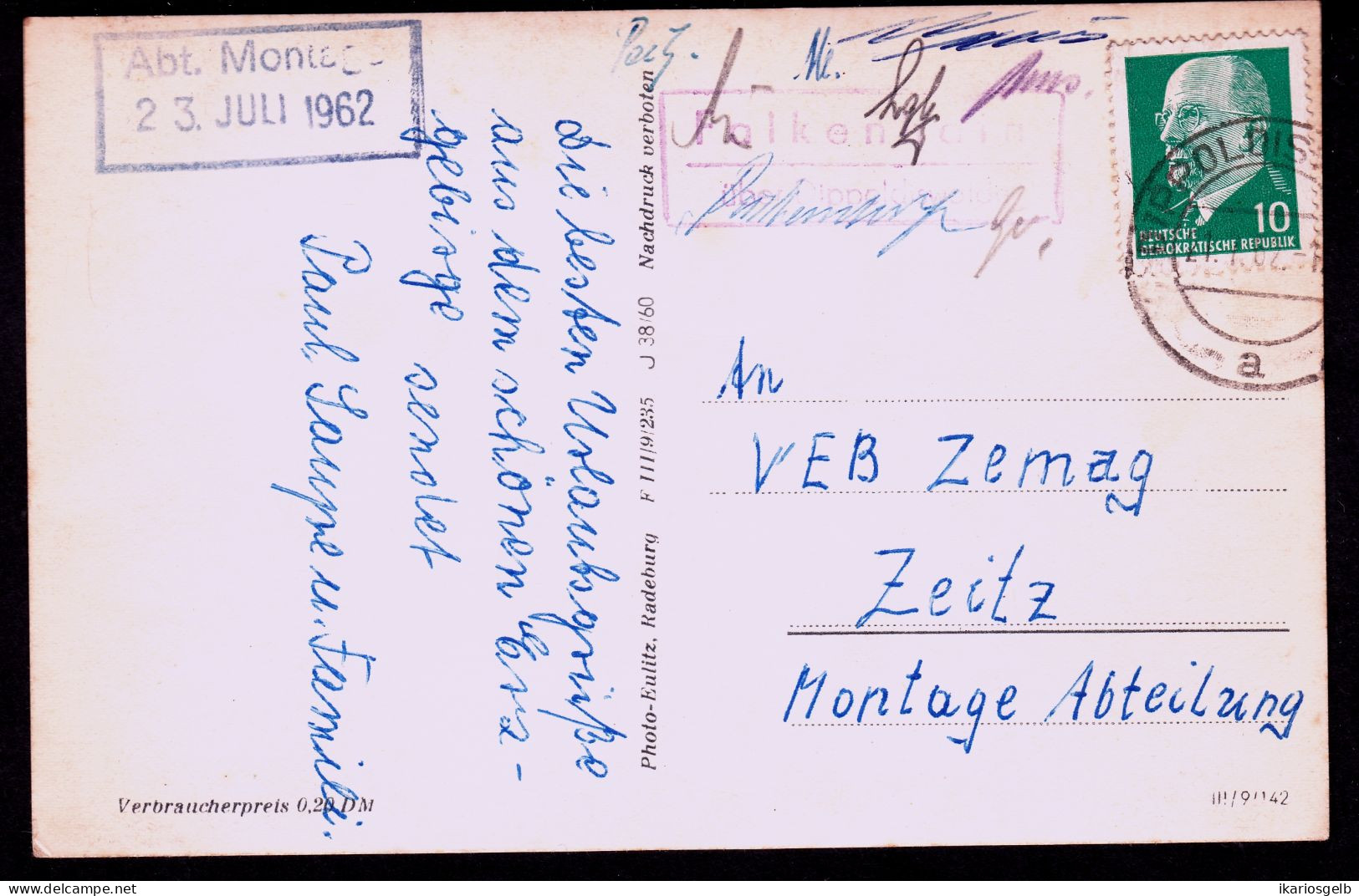 FALKENHAIN über DIPPOLDISWALDE = Altenberg 1962 LANDPOSTSTEMPEL Blau 10Pf-Ulbricht Ansichtskarte OBERBÄRENBURG> Zeitz - Cartas & Documentos