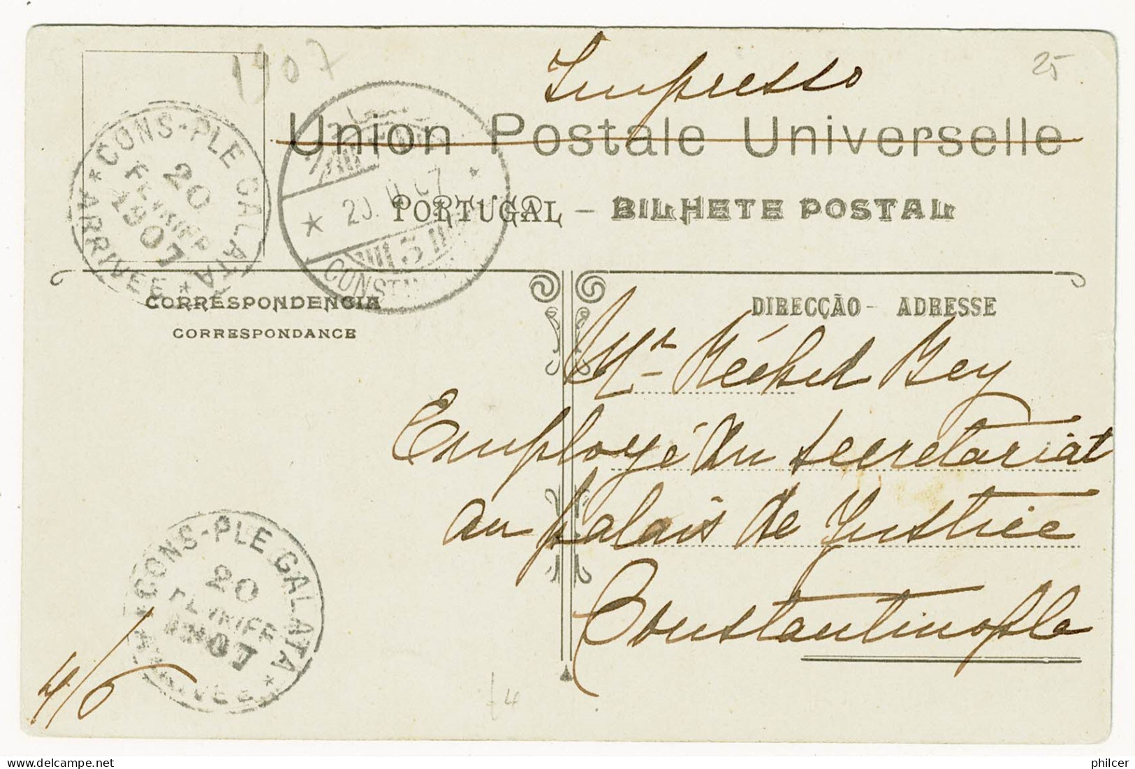 Portugal, 1907, # 128, Para Constantinople - Briefe U. Dokumente