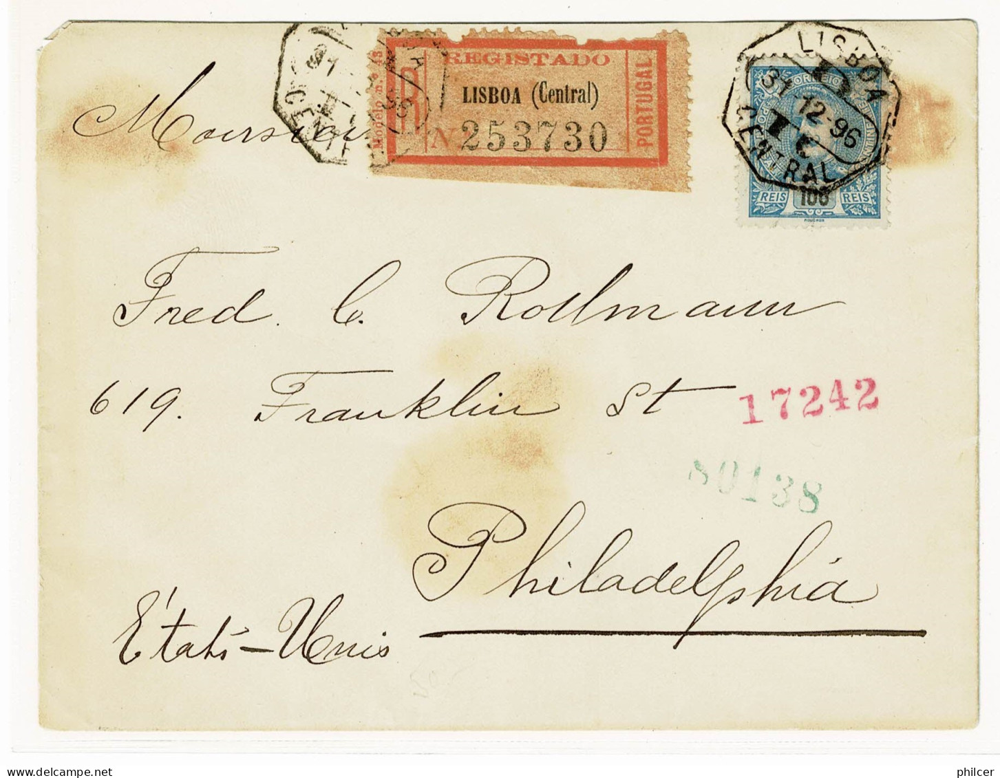 Portugal, 1896, # 135, Para Philadelphia - Storia Postale