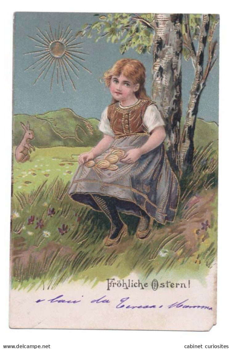 Fröhliche Ostern - Joyeuses Pâques - Fillette Tenant Des œufs D' Or - Lapin - CPA Gaufrée Réhaussée De Liserés Dorés - Ostern