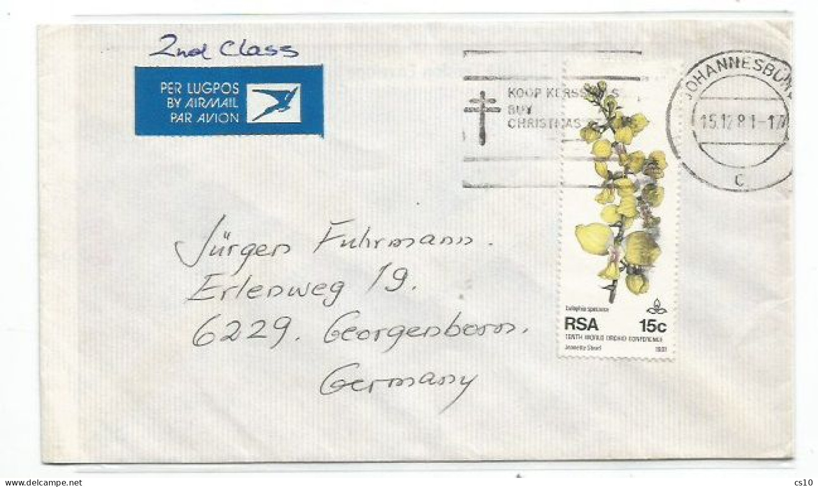 Orchid Eulophia Speciosa South Africa Issue C.15 Solo Franking 2nd Class Airmail Cover Johannesburg 15dec1981 X Germany - Orchideen