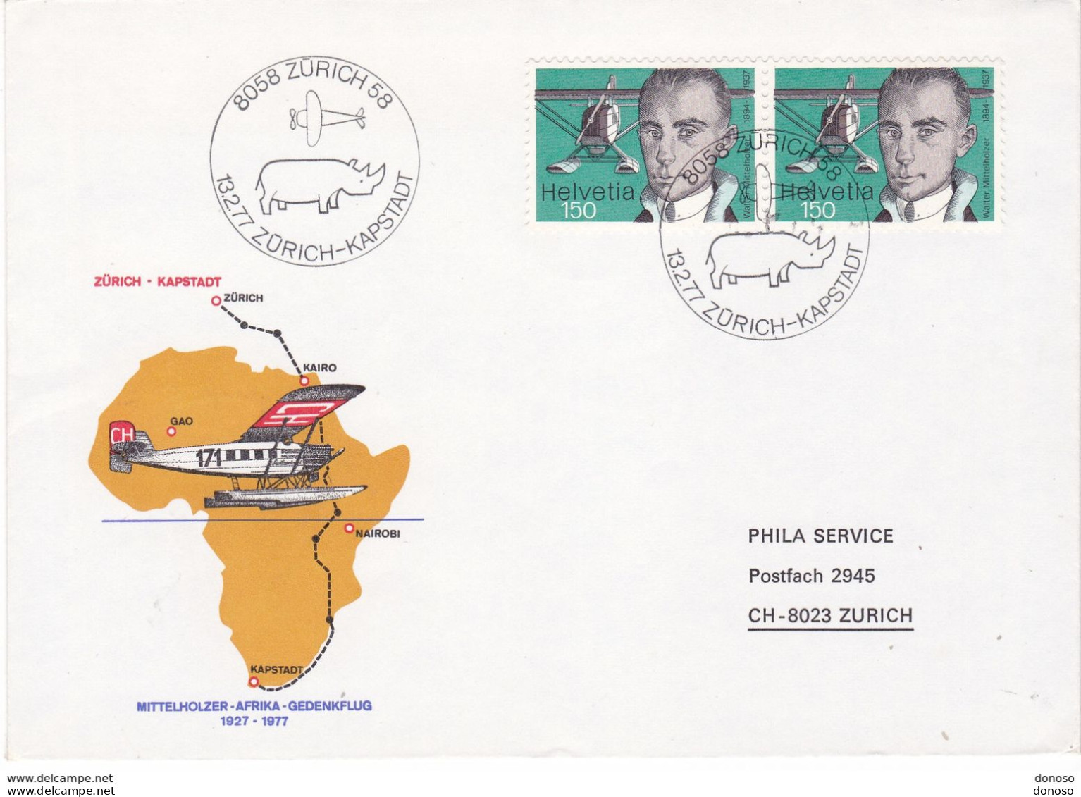 SUISSE 1977 AVION Vol Zürich Le Cap Enveloppe, Cover Yvert 1020 - Postmark Collection