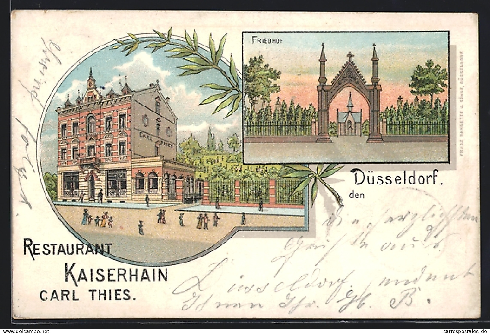 Lithographie Düsseldorf, Restaurant Kaiserhain Carl Thies Mit Strasse, Friedhof  - Duesseldorf