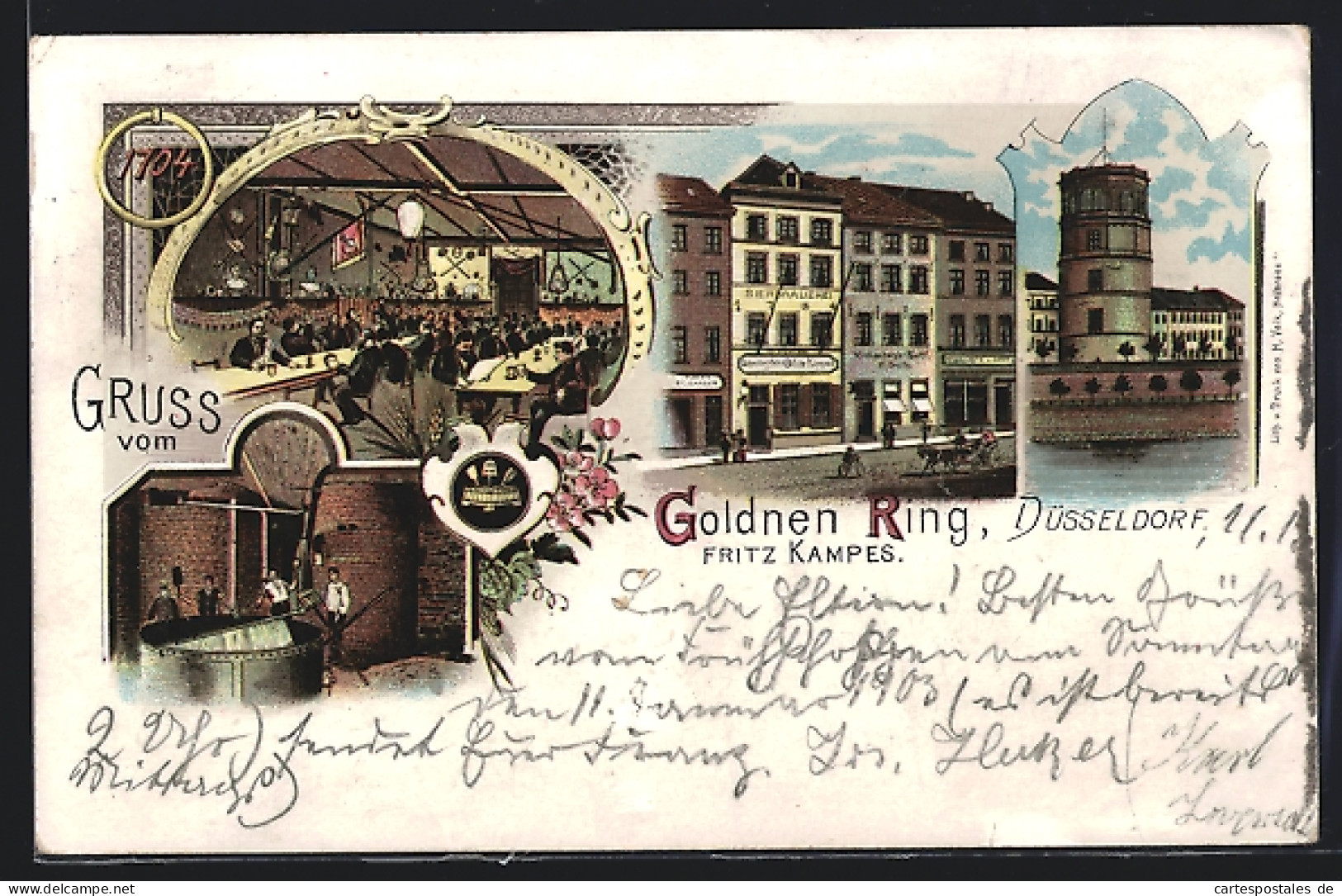 Lithographie Düsseldorf, Gasthaus Zum Goldnen Ring F. Kampes, Brauerei Im Keller, Saal  - Andere & Zonder Classificatie