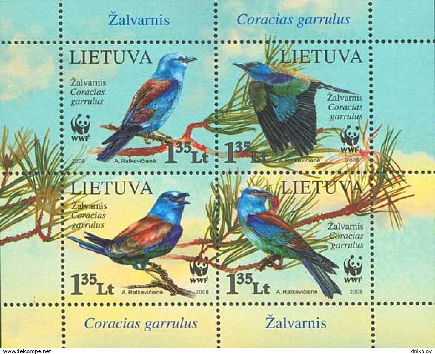 2008 998 Lithuania WWF - European Roller Birds MNH - Litouwen