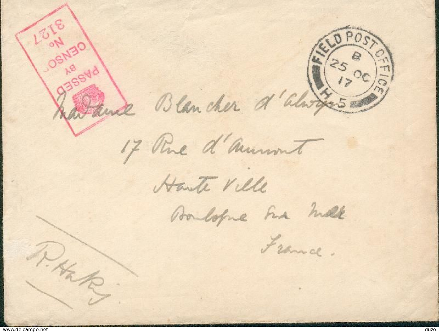 Lettre/Letter - Field Post Office H.5. Du 25 Octobre 1917  Censure 3127  Pour Boulogne Sur Mer - Voir Descriptif. - Other & Unclassified