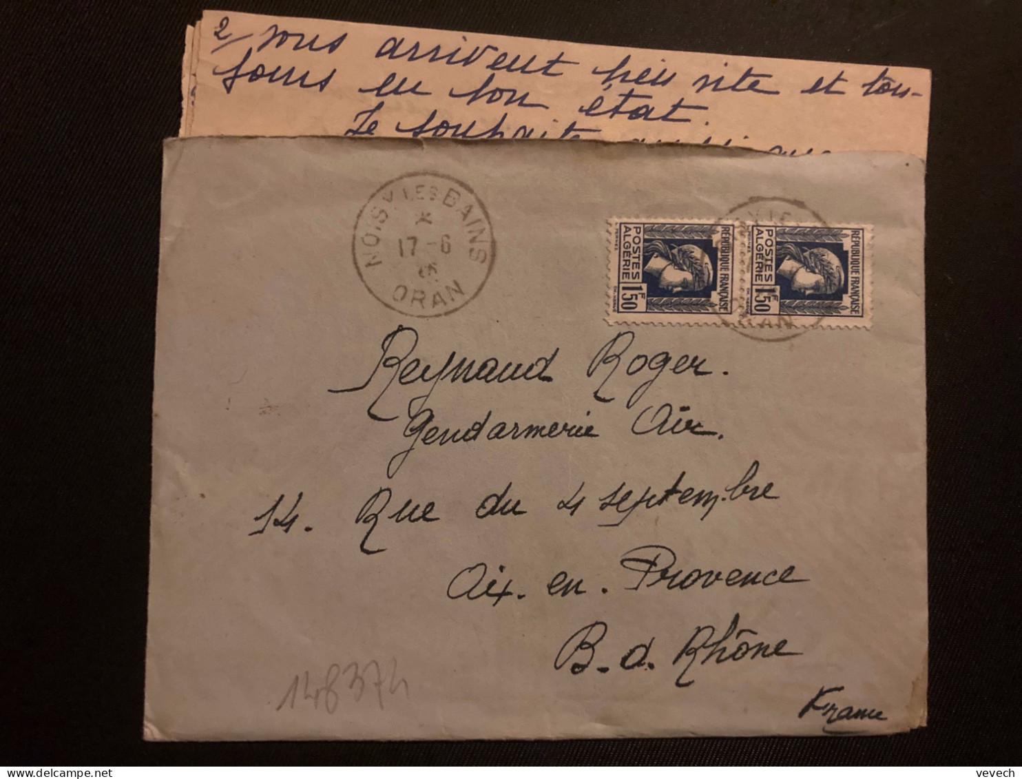 LETTRE Pour REYNAUD Roger Gendarmerie De L'Air AIX (13) TP MARIANNE D'ALGER 1F50 Paire OBL.17-6 46 NOISY LES BAINS - 1944 Coq Et Maríanne D'Alger