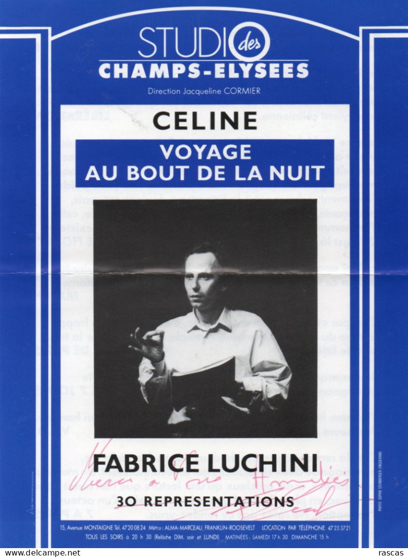 ENV 1 - FLYER DE LA PIECE DE THEATRE DE CELINE VOYAGE AU BOUT DE LA NUIT DEDICACE PAR L'ACTEUR FRANCAIS FABRICE LUCCHINI - Altri & Non Classificati