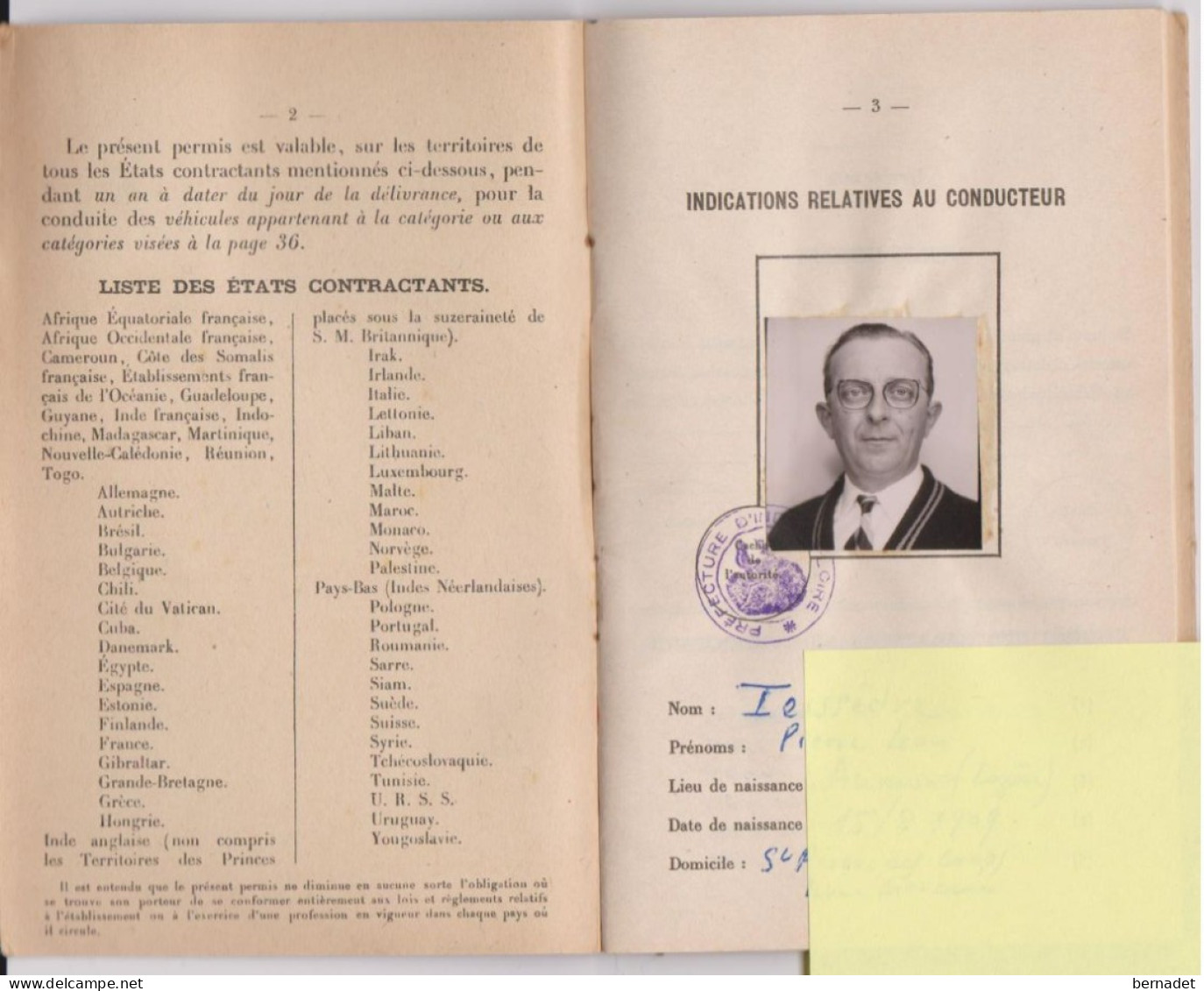 PERMIS DE CONDUIRE INTERNATIONAL .PREFECTURE DE TOURS ( 37)  LE  22 JUIN 1956 . AUTOMOBILE CLUB DE FRANCE - Autres & Non Classés