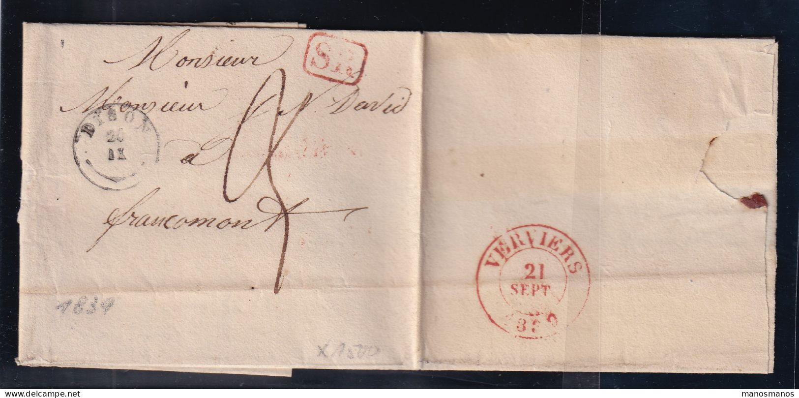 DDFF 757 -- PROVINCE DE LIEGE - Lettre Précurseur Type 18 DISON 1839 Vers VERVIERS - 1830-1849 (Belgique Indépendante)