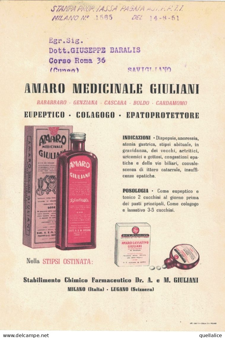 03903 "AMARO MEDICINALE GIULIANI - RITORNA L'APPETITO - ILLUSTRATORE FRANCO MOSCA - 1951" LOCANDINA PUBBLCIT. ORIG. - Publicités