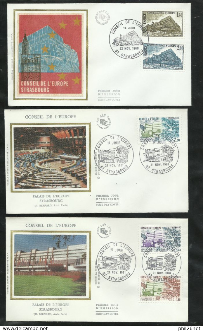 3 FDC Lettres Illustrées Premier Jour Strabourg 22/11/1980 Service N°63/64 & 21/11/81 N°65 à 67 Conseil De L'Europe B/TB - 1980-1989