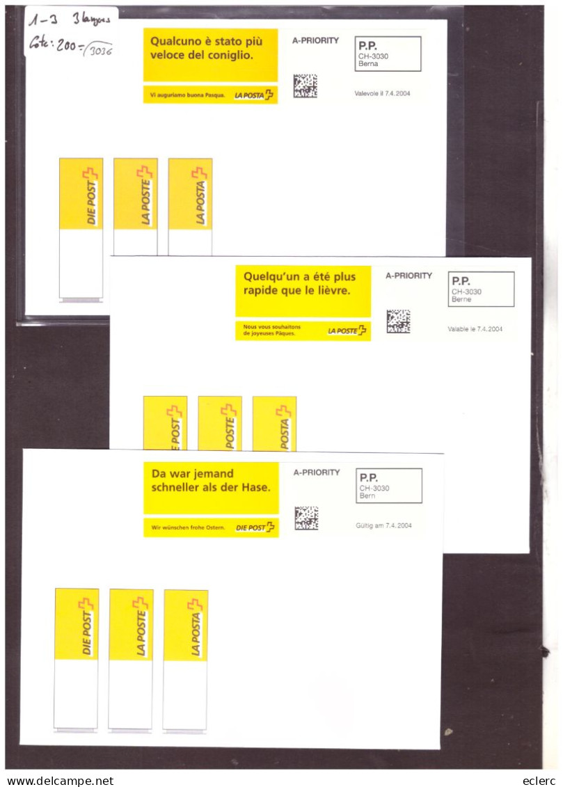 PAQUES 2004 - 3 ETIQUETTES ACTIONS EN 3 LANGUES SUR ENVELOPPES - COTE: 200.- - Automatic Stamps