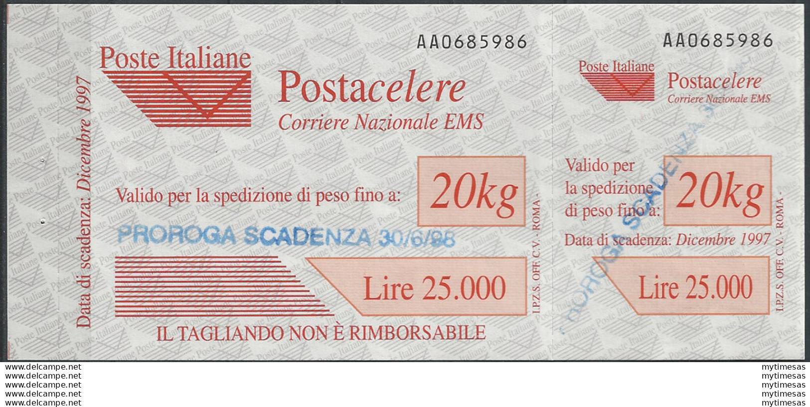 1997 Italia Postacelere L. 20.000 Proroga MNH Sassone N. 6a - Autres & Non Classés