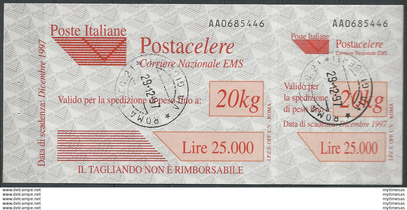 1997 Italia Postacelere L. 20.000 Varietà Canceled Sass N. 3a - Otros & Sin Clasificación