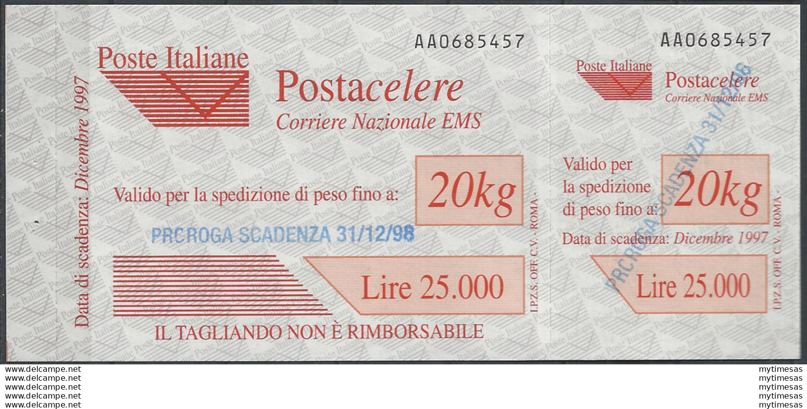 1998 Italia Postacelere L. 20.000 Proroga MNH Sassone N. 9a - Sonstige & Ohne Zuordnung