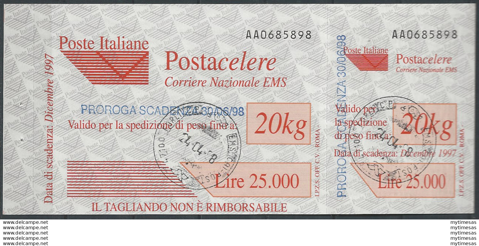 1997 Italia Postacelere L. 20.000 Sopr. Cancelled Sassone N. 6a - Autres & Non Classés