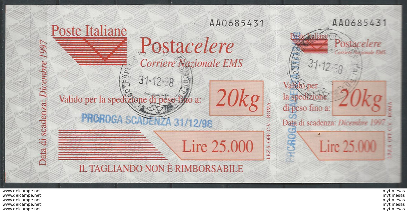 1998 Italia Postacelere L. 20.000 Proroga Cancelled Sassone N. 9a - Otros & Sin Clasificación