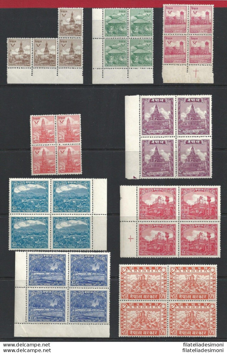 1949 NEPAL, SG N° 64/72  9 Valori  MNH/** RARI BLOCCHI DI QUATTRO - Nepal