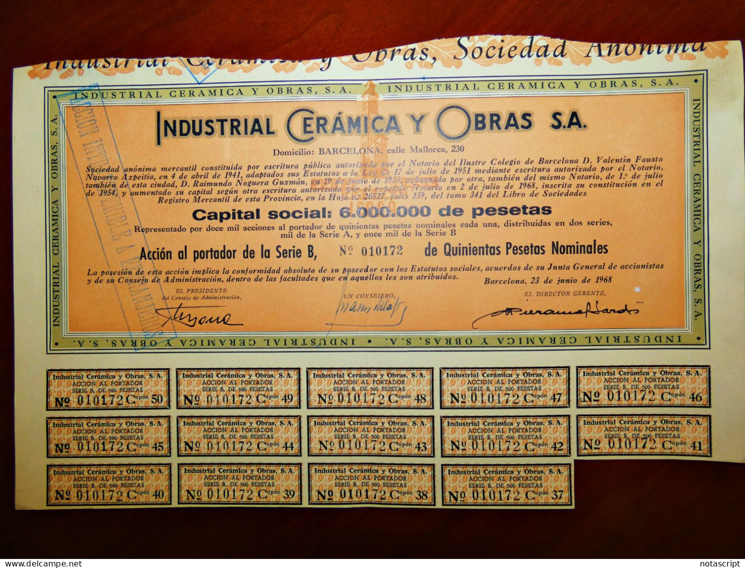 Industrial Cerámica Y Obras,SA Barcelona 1968. Share Certificate - Otros & Sin Clasificación