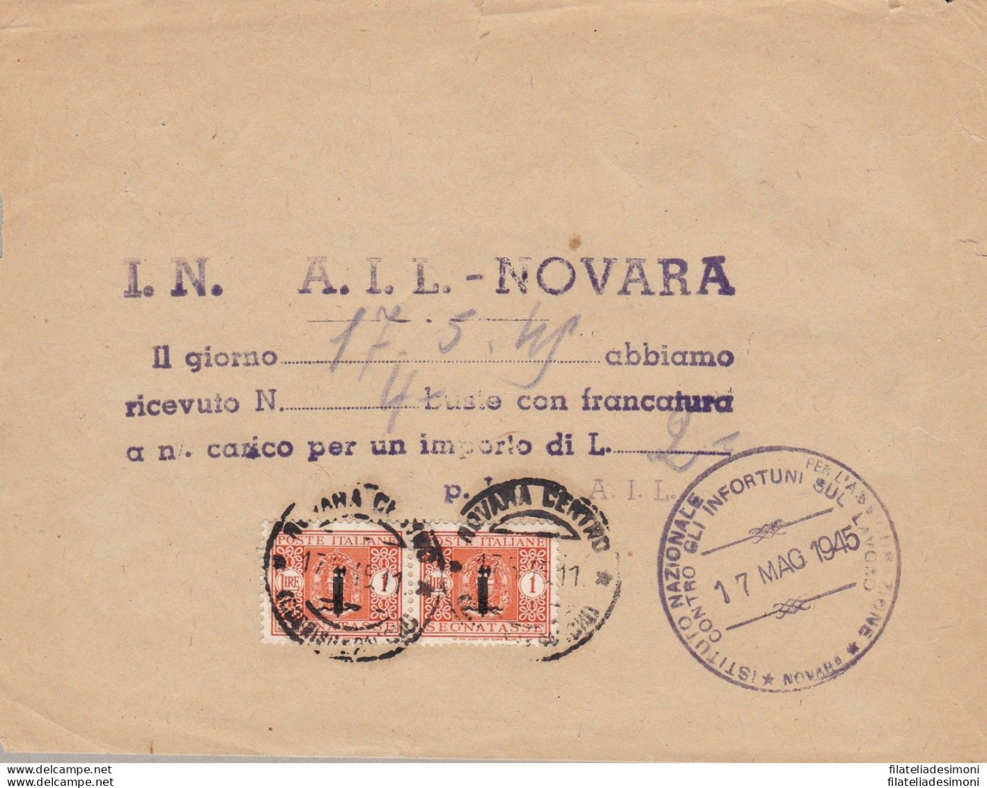 1944 RSI - Modulo INAIL Con Coppia Del Segnatasse Da 1 Lira Arancio N° 68 - Entiers Postaux