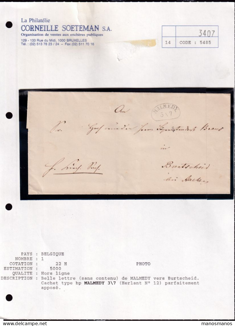 DDFF 758 -- CANTONS DE L'EST - Lettre Précurseur (sans Contenu) Ovale MALMEDY Vers BURTSCHEID - TB Frappe - 1830-1849 (Belgica Independiente)