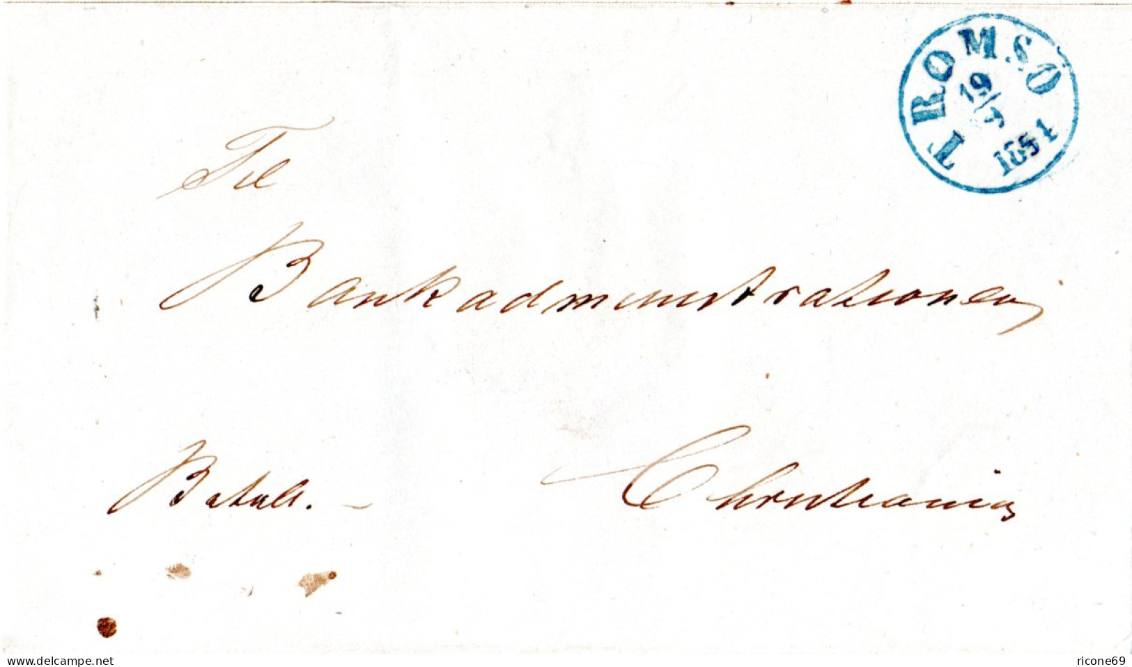 Norwegen 1854, Blauer Prefil-K1 TROMSÖ Klar Auf Franko Bankbrief N. Christiania - Briefe U. Dokumente