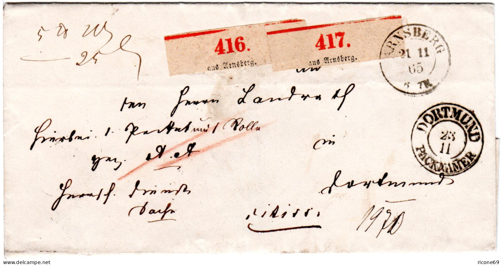Preussen 1865, KL2 ARNSBERG Auf Begleit Brief N. Dortmund M. 2 Paketzetteln - Briefe U. Dokumente