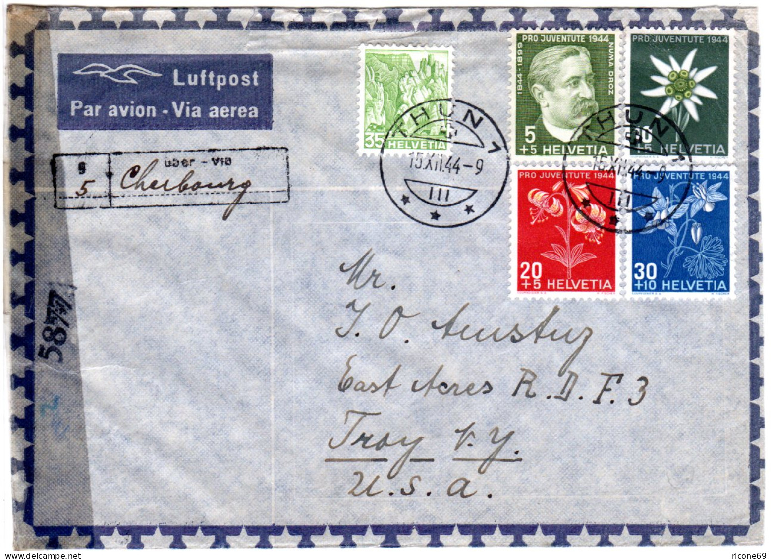 Schweiz 1944, 35 C.+ Pro Juventute Auf Zensur Brief V. Thun Via Cherbourg N. USA - Covers & Documents