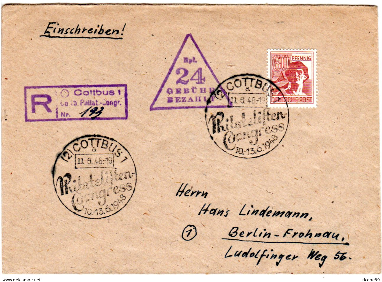 1948, 24 Pf. Geb. Bez.+60 Pf., Mischfrankatur Auf Einschreiben Brief V. Cottbus - Storia Postale