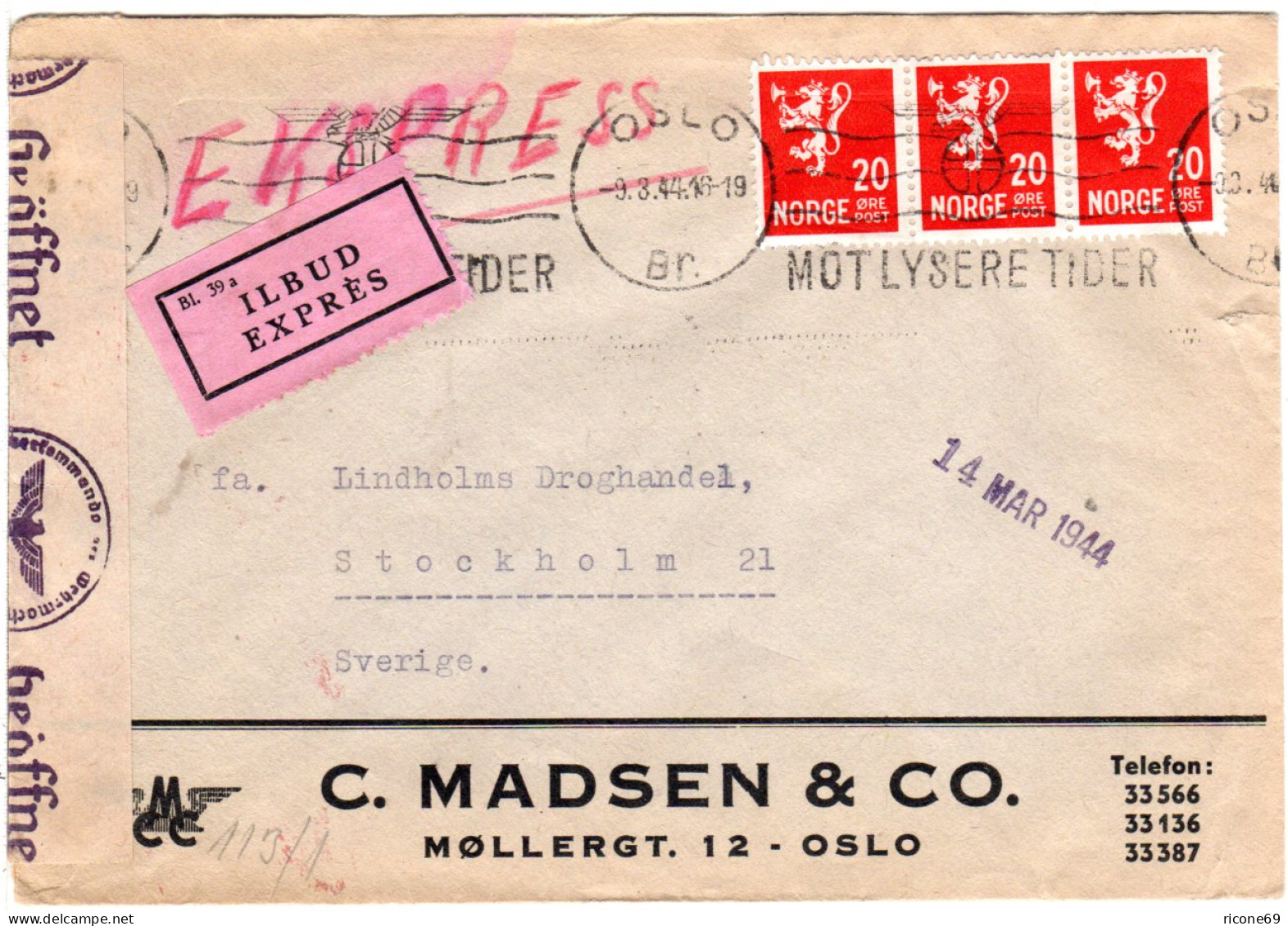 Norwegen 1944, 3x20 öre Auf Express Zensur Brief V. Oslo N. Schweden - Storia Postale