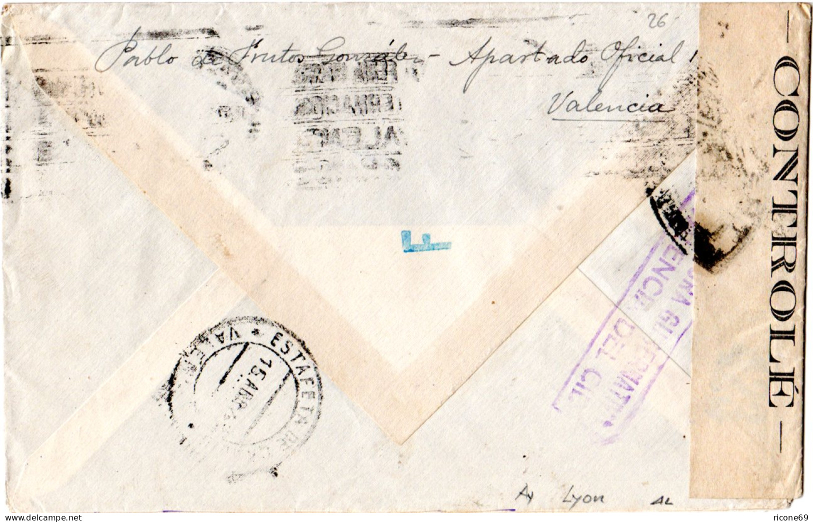 Spanien 1943, 25+50 C.. Auf Brief V. Valencia M. Lyon Ay Durchlaufzensur - Briefe U. Dokumente