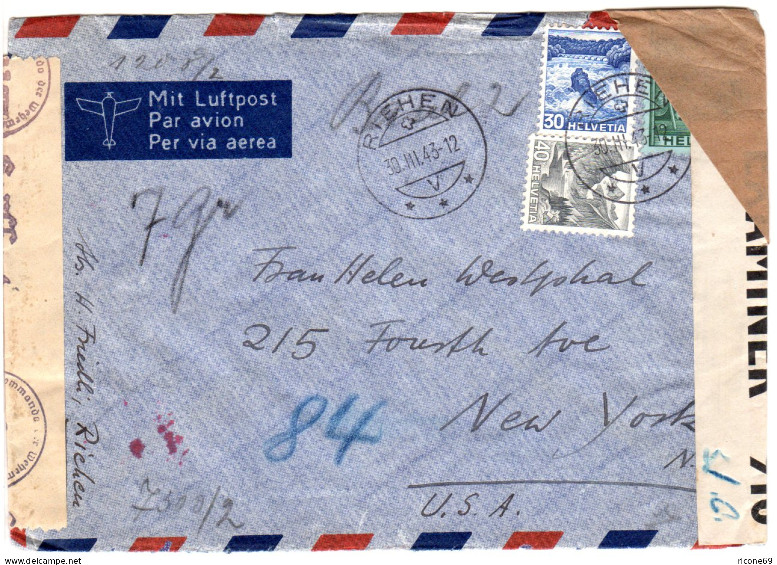 Schweiz 1943, 30+40 C.+1 Fr. Auf Luftpost Zensur Brief V. Riehen N. USA - Brieven En Documenten