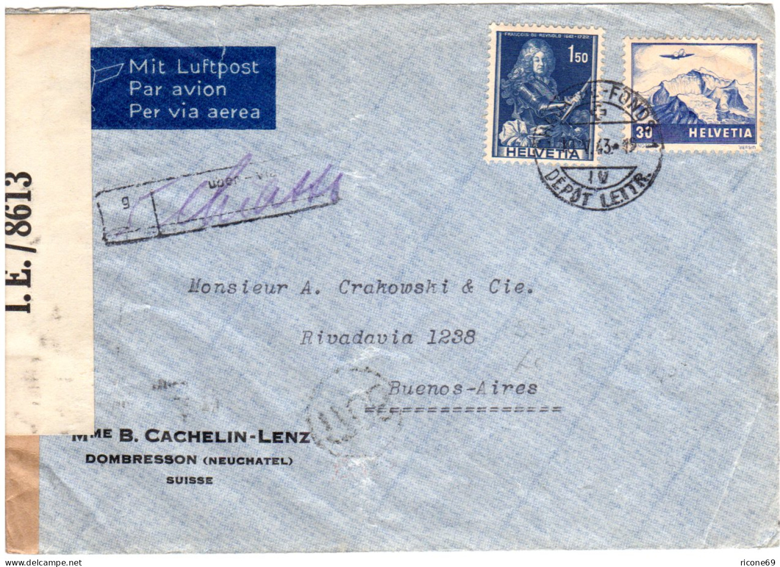 Schweiz 1943, 30 C+1,50 Fr. Auf Luftpost Zensur Brief Via Chiasso N. Argentinien - Covers & Documents