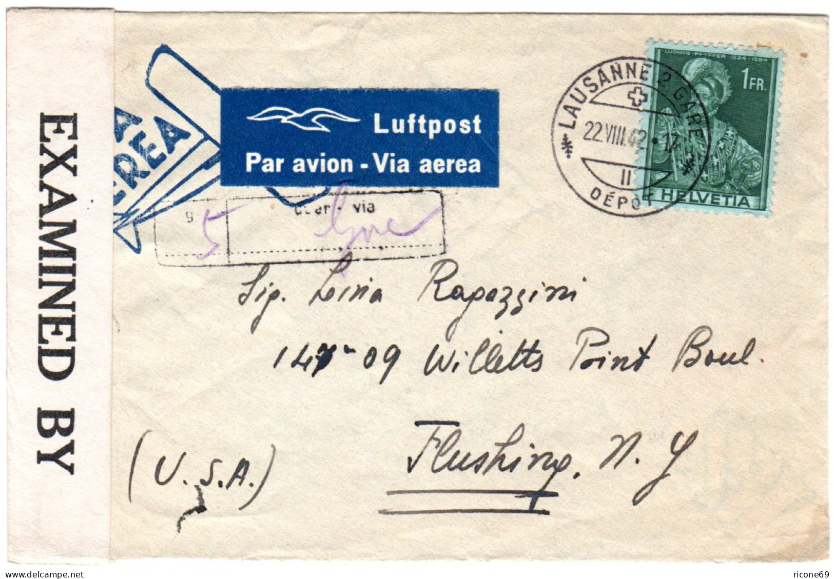 Schweiz 1942, EF 1 Fr. Auf Luftpost Zensur Brief V. Lausanne Via Genf N. USA - Brieven En Documenten