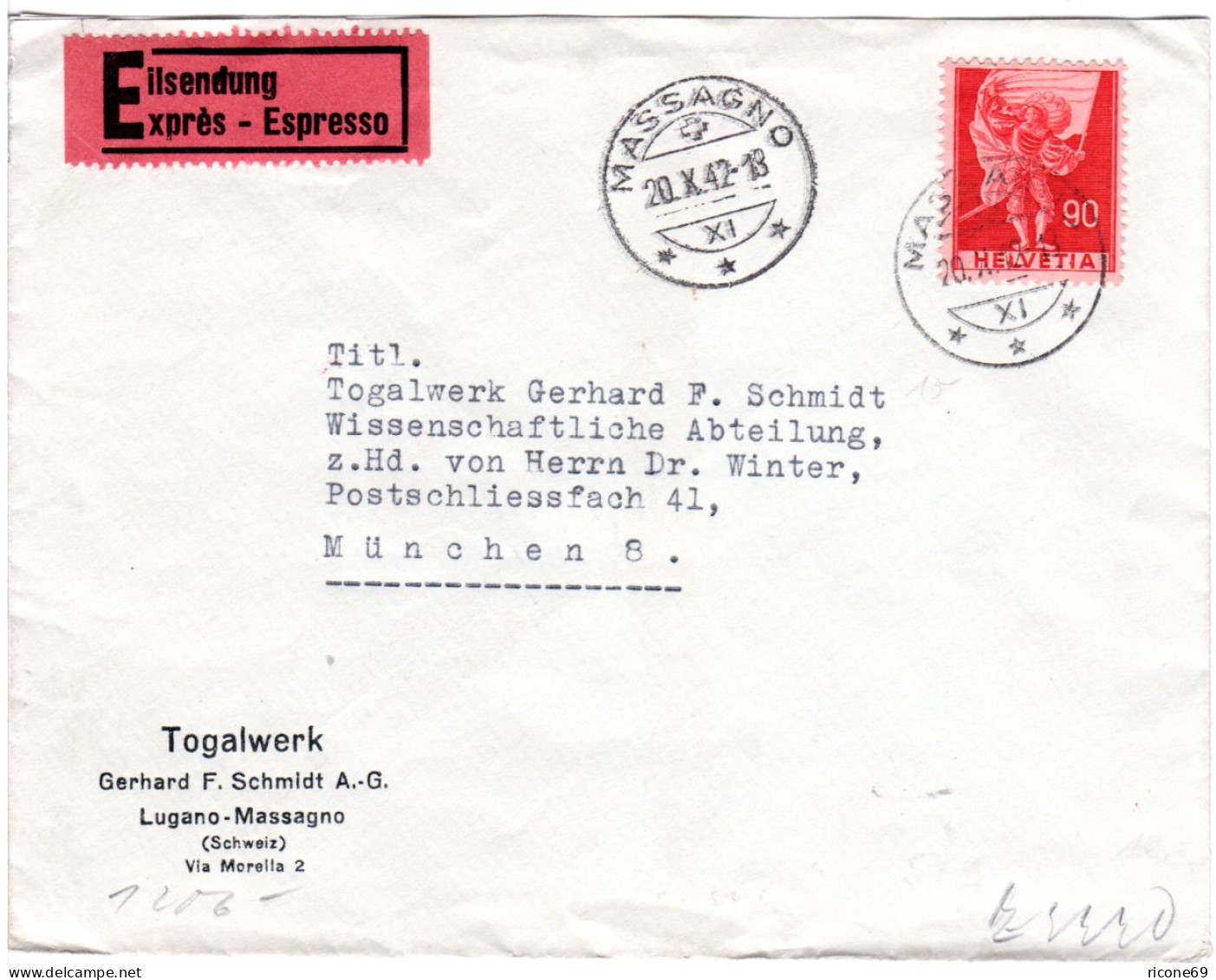 Schweiz 1942, EF 90 C. Auf Express Zensur Brief V. Massagno (Tessin) N. München - Cartas & Documentos