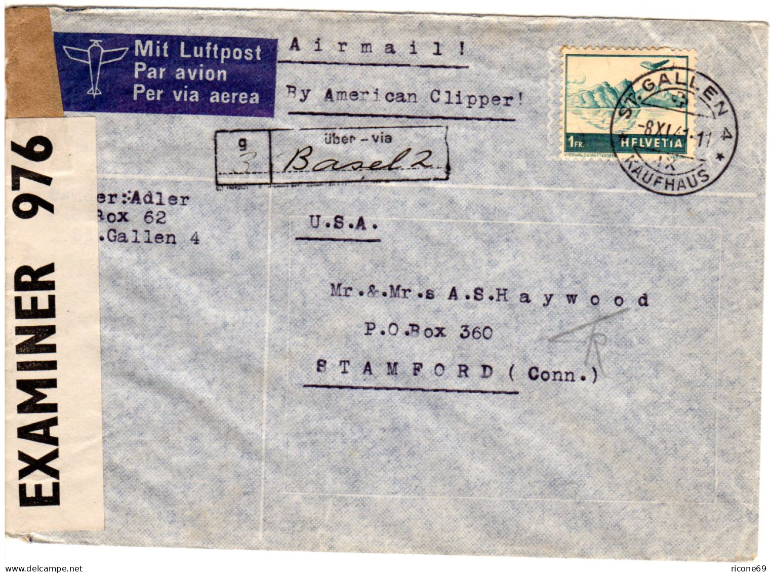 Schweiz 1941, EF 1 Fr. Auf Luftpost Zensur Brief V. St. Gallen Via Basel N. USA - Covers & Documents