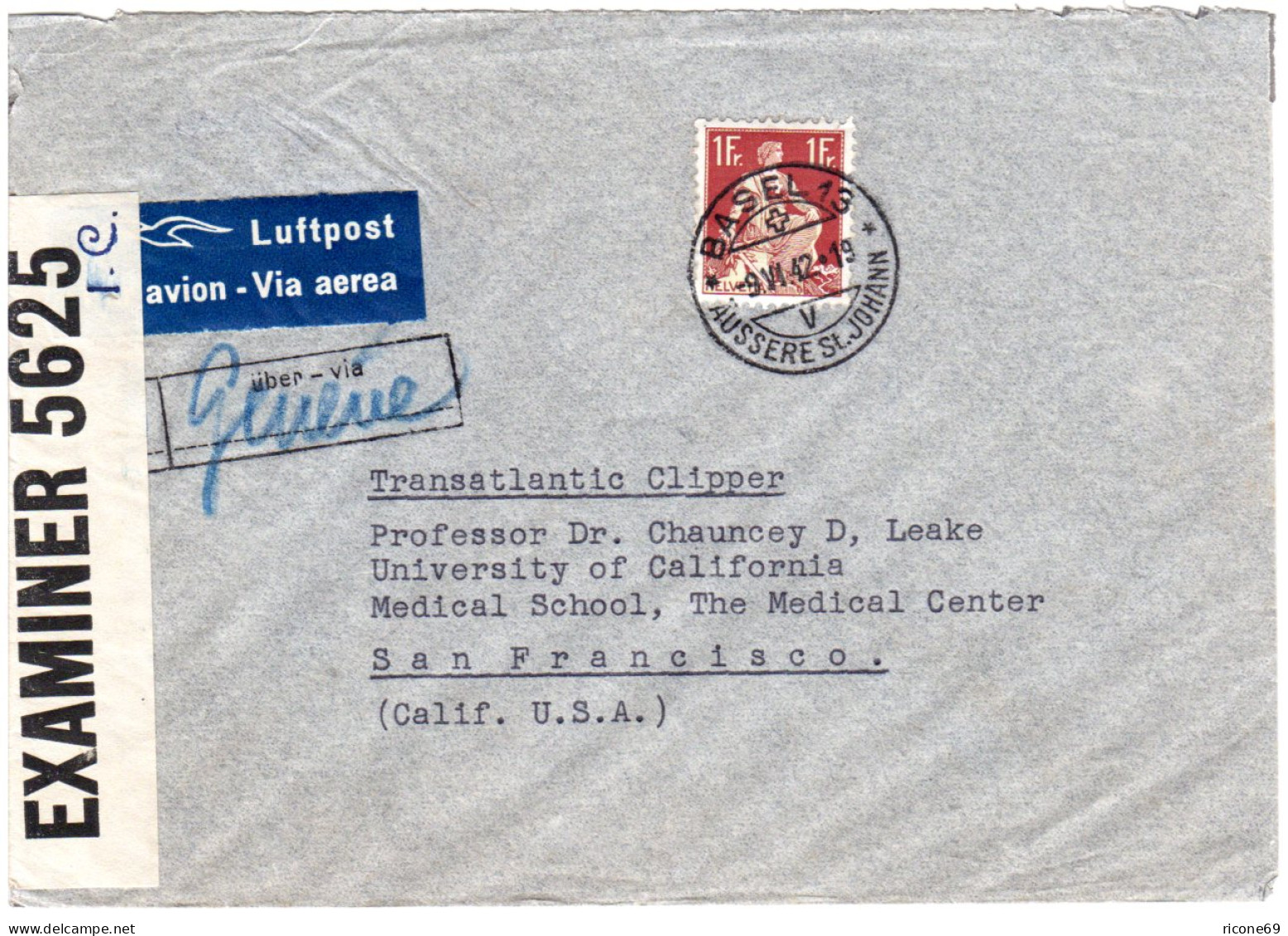 Schweiz 1942, EF 1 Fr. Auf Luftpost Zensur Brief V. Basel Via Geneve N. USA - Briefe U. Dokumente