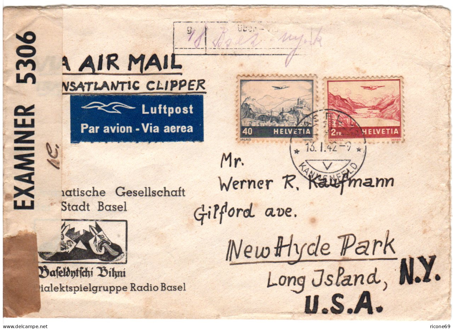Schweiz 1942, 40 C.+2 Fr. Auf Luftpost Zensur Brief V. Basel N. USA - Storia Postale