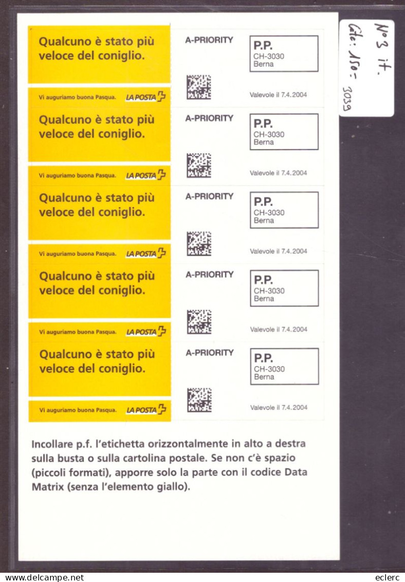 PAQUES 2004 - FEUILLET ETIQUETTES EN ITALIEN - COTE: 150.- - Francobolli Da Distributore