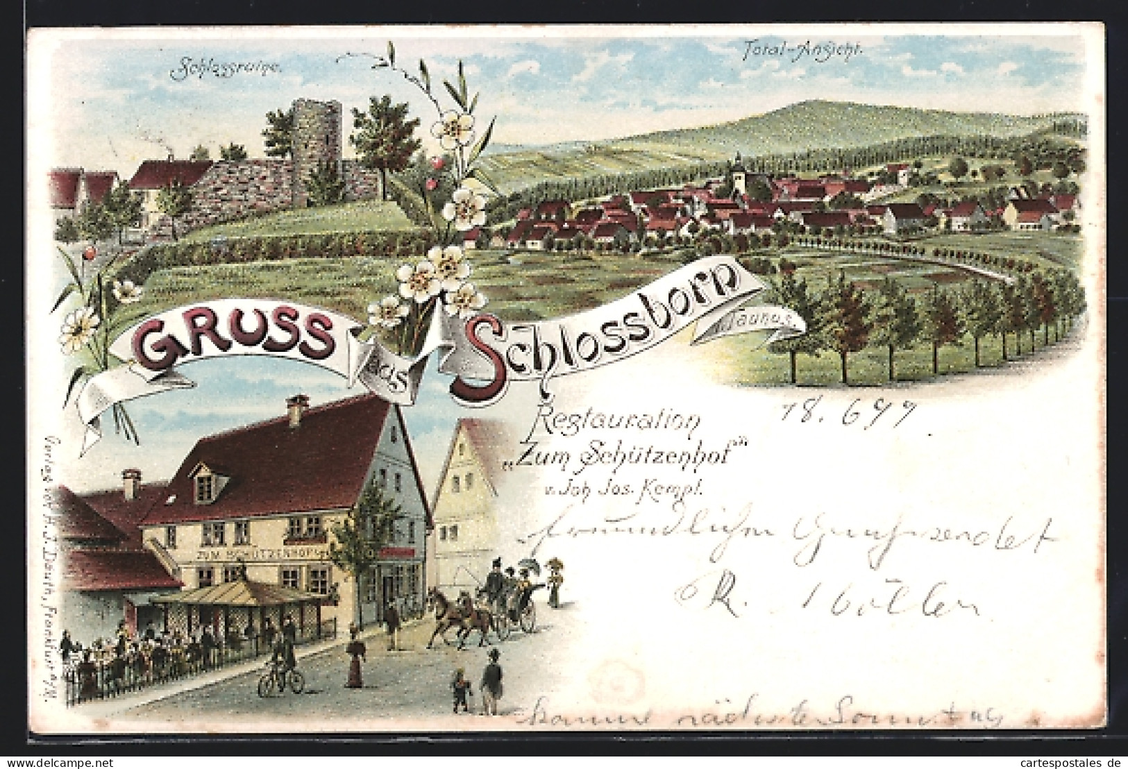 Lithographie Schlossborn I. Taunus, Restaurant Zum Schützenhof, Totalansicht, Schlossruine  - Taunus